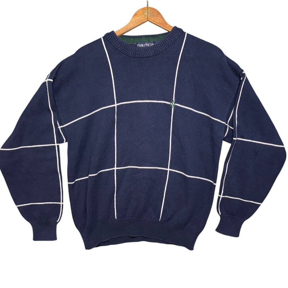 Nautica Vintage 90s Navy Blue White Stripe Grid Pullover Sweater Men S